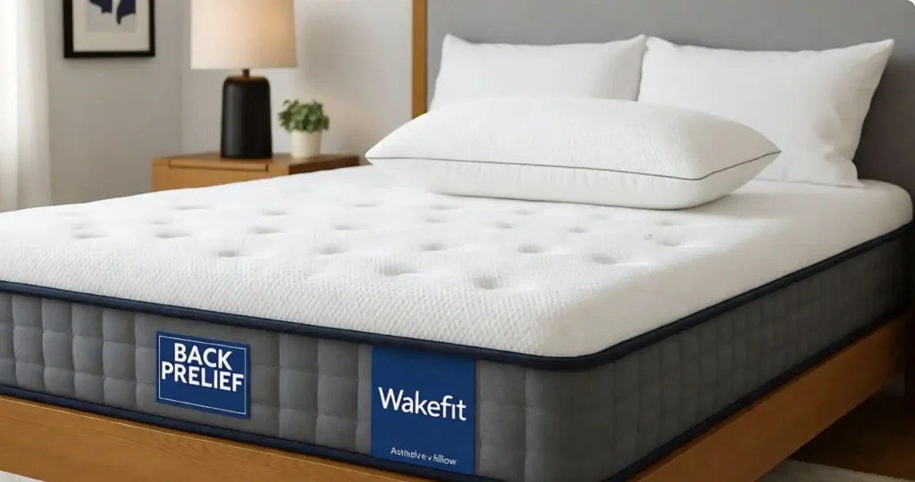 A modern bedroom featuring the Wakefit Orthopaedic Mattress with a clean, white memory foam surface and a gray base, designed for back pain relief. The mattress includes a label highlighting 'Back Relief' and the Wakefit brand, with an additional 'ActiveLove Pillow' label. A firm pillow rests on top, ideal for side sleepers, alongside neatly arranged bed pillows. A wooden nightstand with a lamp and plant complements the cozy setting."