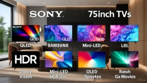 A modern living room featuring a comparison of 75-inch TVs from top brands like Sony, Samsung, LG, and Lei. The TVs display vibrant QLED, Mini-LED, and OLED technologies with colorful visuals, including HDR Dolby Vision and HDR10+ content. Labels highlight the brands and display types, set against a stylish background with large windows and cozy furniture. 11 Best 65-Inch & 75-Inch Best TVs in India (2025): From Budget to Premium