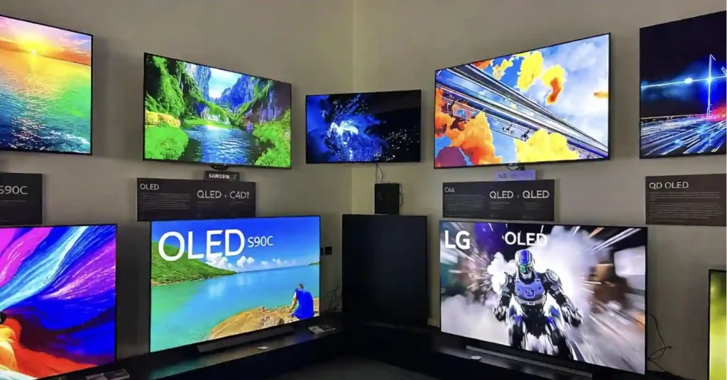 Best OLED vs QLED Comparison in India TVs in India 2025 showroom display featuring Samsung S90C QD-OLED and LG C4 OLED side by side, demonstrating perfect blacks, infinite contrast, vibrant colors, and superior picture quality of OLED vs QLED technology