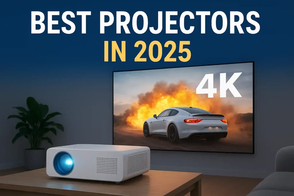 A modern white projector on a wooden table projects a vibrant 4K car racing scene onto a large screen in a dimly lit living room, with bold text reading “Best Projectors in 2025” above the display.