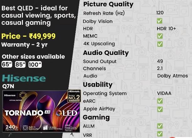 A product image of the Hisense Q7N 55-inch 4K QLED TV, showing its bright picture quality and thin bezels.