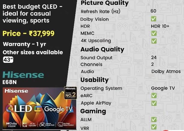 A product image of the budget-friendly Hisense E68N 55-inch QLED TV on its stand.