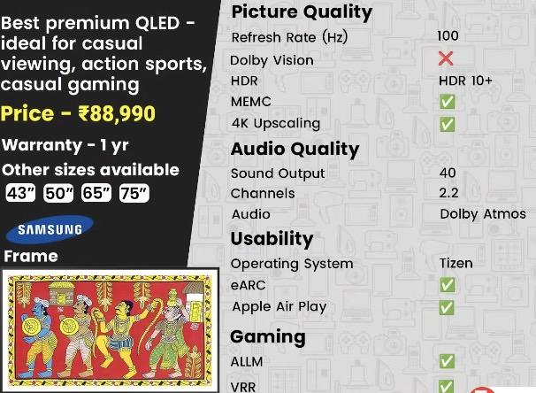 A product image of the Samsung Frame 55-inch TV mounted on a wall and displaying a piece of art on its matte display.