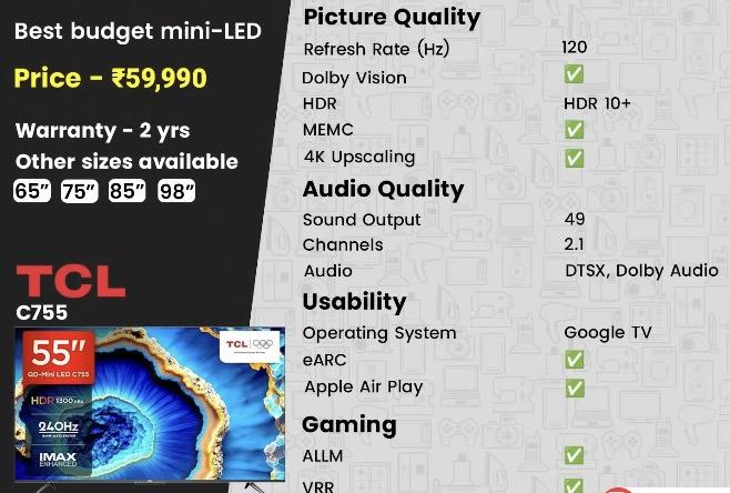 A product image of the bright TCL C755 55-inch Mini LED TV, showing its high-contrast picture quality.