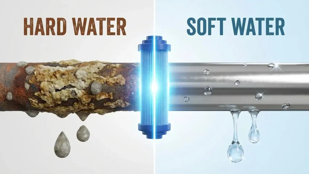 Illustration showing how the Symphony Spa Geyser and its PUROPOD cartridge treat hard water scale.