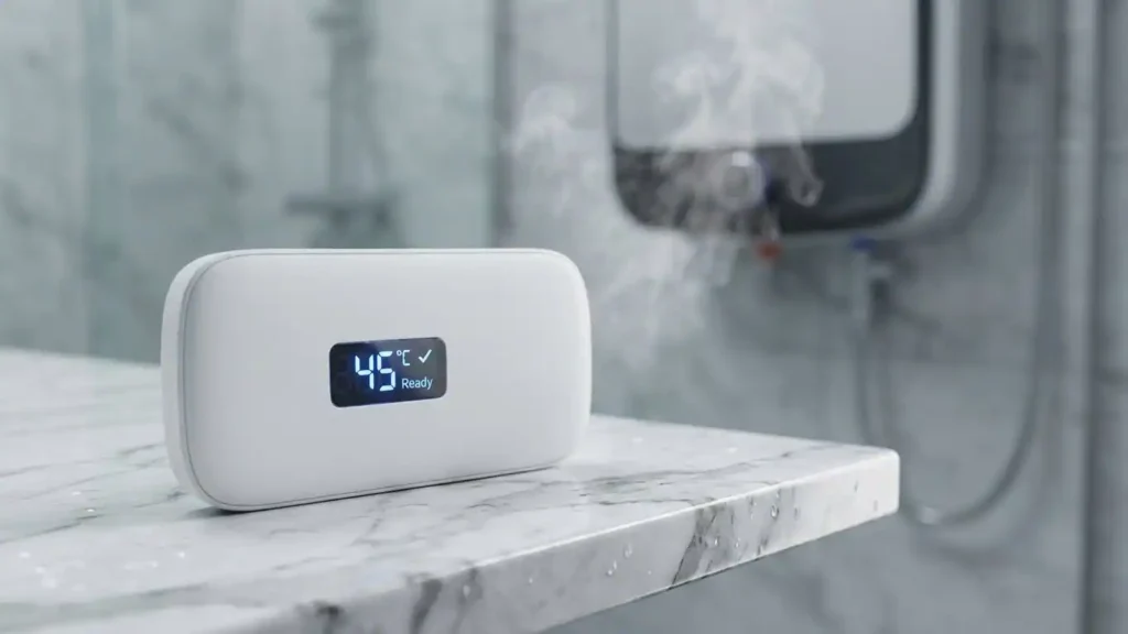The wireless smart bath controller included with the Symphony Spa Geyser for temperature and timer settings.