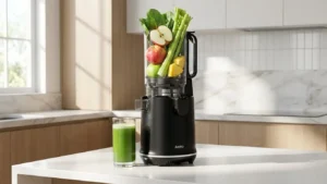 Aeitto Max5 cold press juicer with wide mouth hopper processing whole fruits and vegetables on a modern kitchen counter