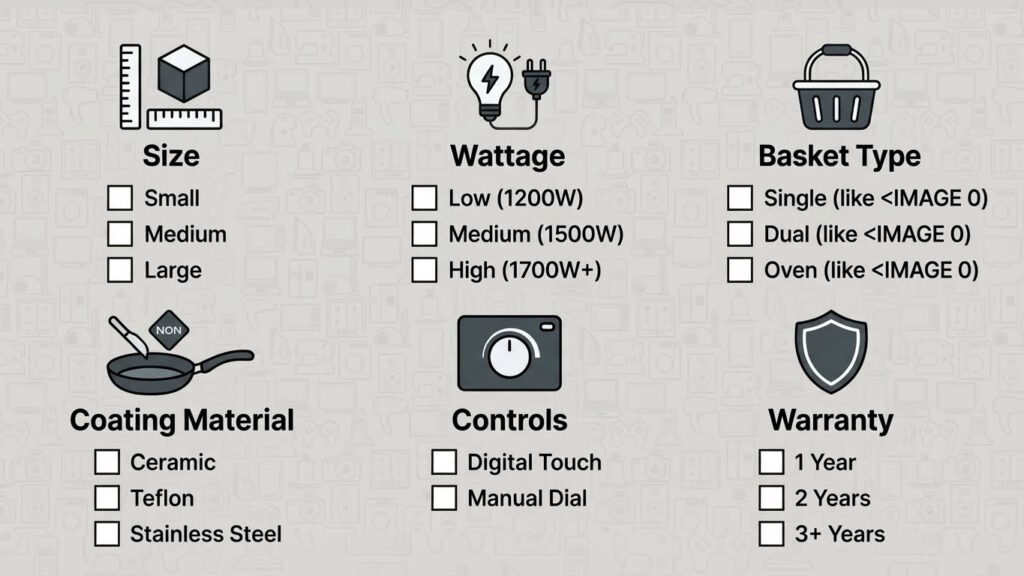 Air fryer buying checklist showing size, wattage, material, controls, and warranty considerations.