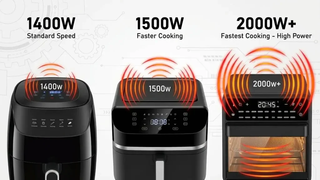 Air fryer wattage comparison showing how higher power improves cooking speed and crispiness.