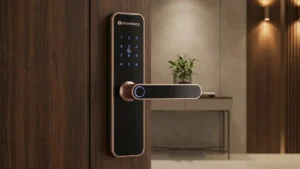 Atomberg Smart Lock installed on a modern wooden door showing fingerprint scanner, keypad, and smart home security design