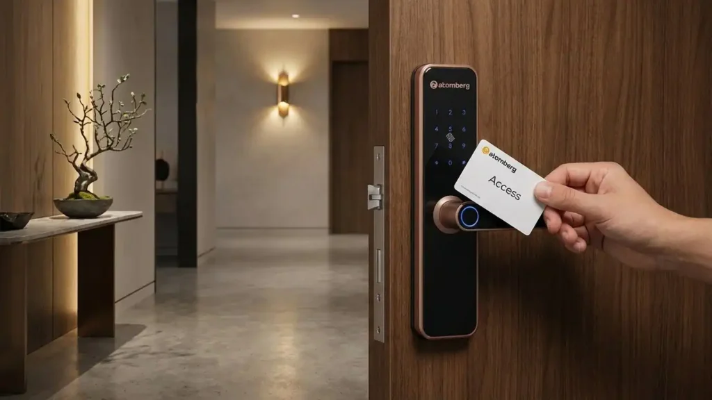 Atomberg Smart Lock NFC access card being used for secure and convenient door entry