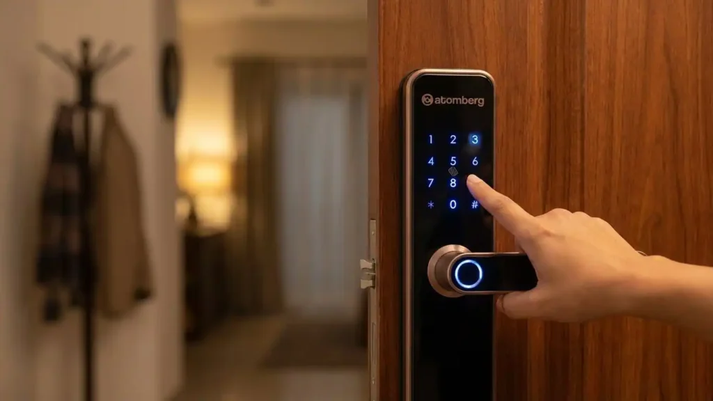 Atomberg Smart Lock PIN keypad showing secure number entry with snoop protection feature