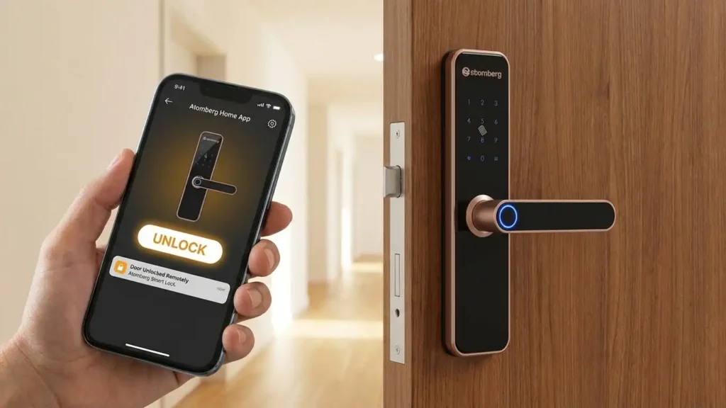 Atomberg Smart Lock app control showing remote door unlocking through mobile application