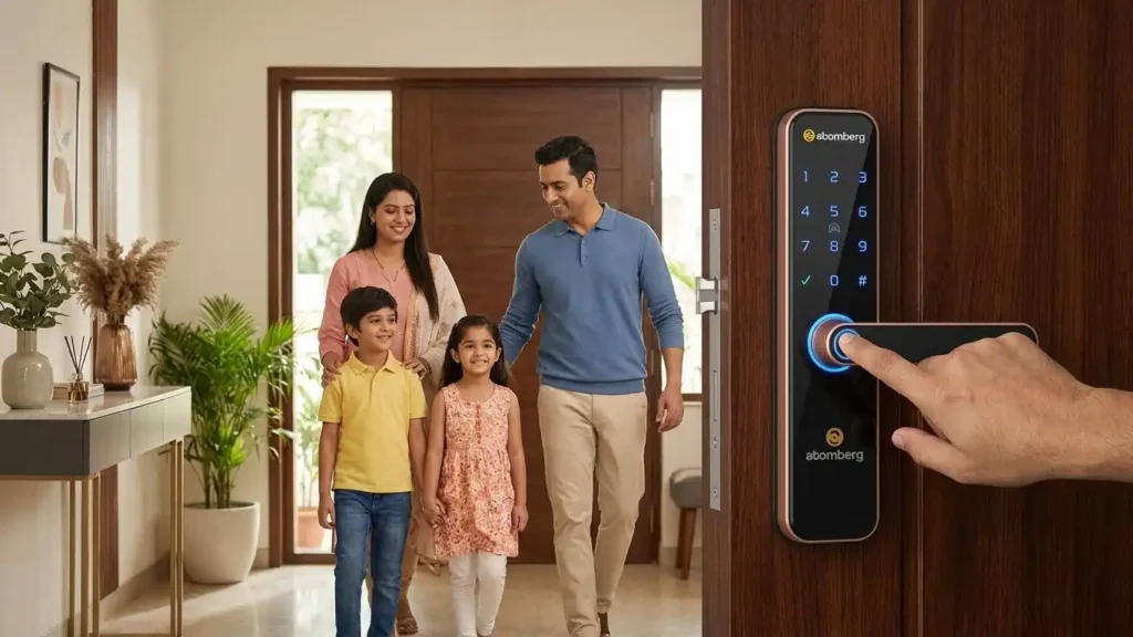 Atomberg Smart Lock fingerprint access demonstration in a smart Indian home showing convenience and home security