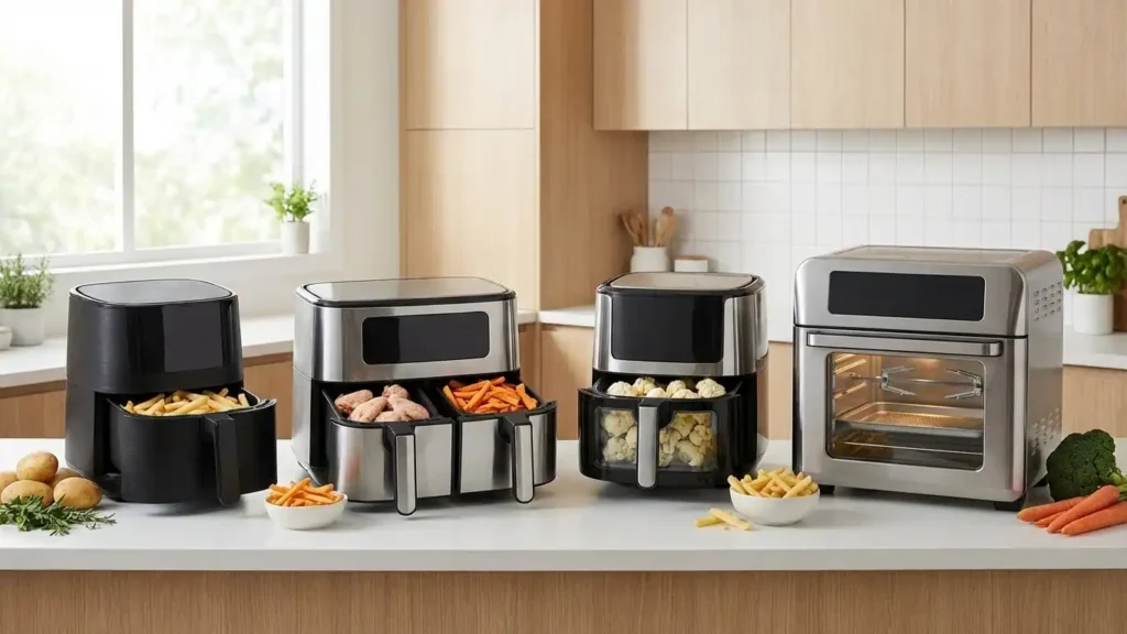Best air fryer 2026 comparison showing basket, dual-basket, glass, and oven-style air fryers on a modern kitchen counter
