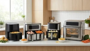 Best air fryer 2026 comparison showing basket, dual-basket, glass, and oven-style air fryers on a modern kitchen counter