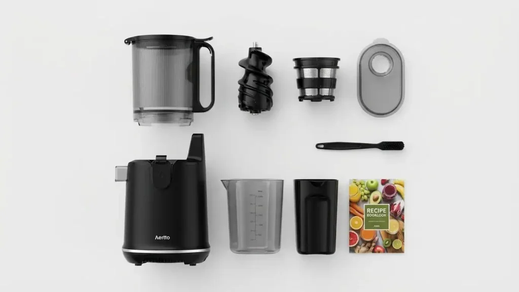 Cold Aeitto Max5 Juicer package contents including juice container, pulp container, auger, and cleaning brush