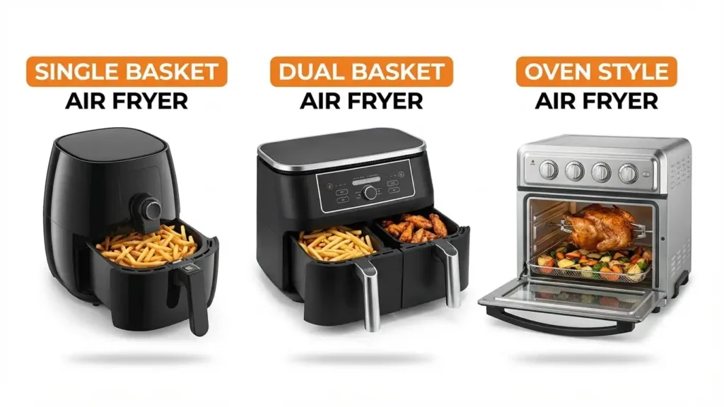 Different types of air fryers including basket style, dual-basket, and oven-style models explained visually.
