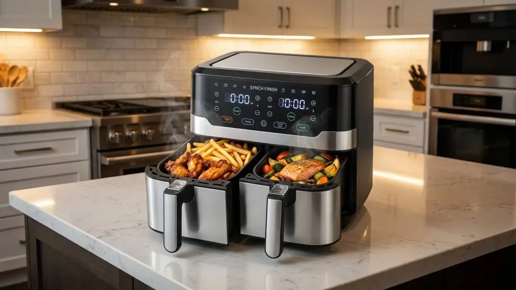 Dual-basket air fryer ideal for cooking multiple dishes at the same time