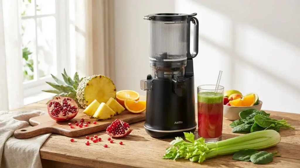 Fresh homemade juice made from fruits and vegetables using a Aeitto Max5 Juicer