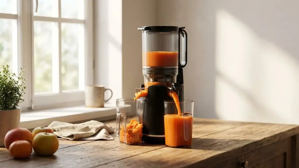 Hands-free cold press juicer quietly extracting fresh juice in a bright home kitchen