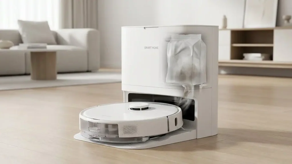 Hands-free robot vacuum with auto-empty dock for pet hair and dust management