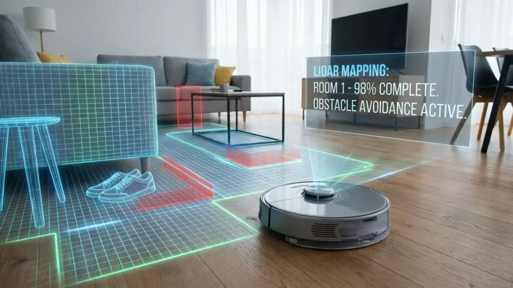 Lidar-based robot vacuum cleaner mapping rooms with accurate navigation