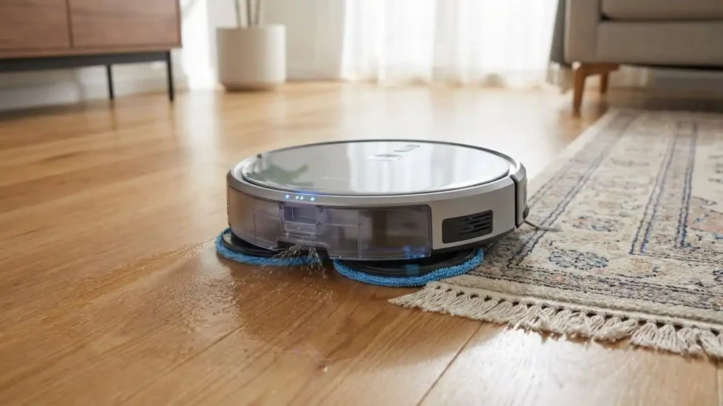 Robot vacuum with advanced mopping system and carpet lift technology