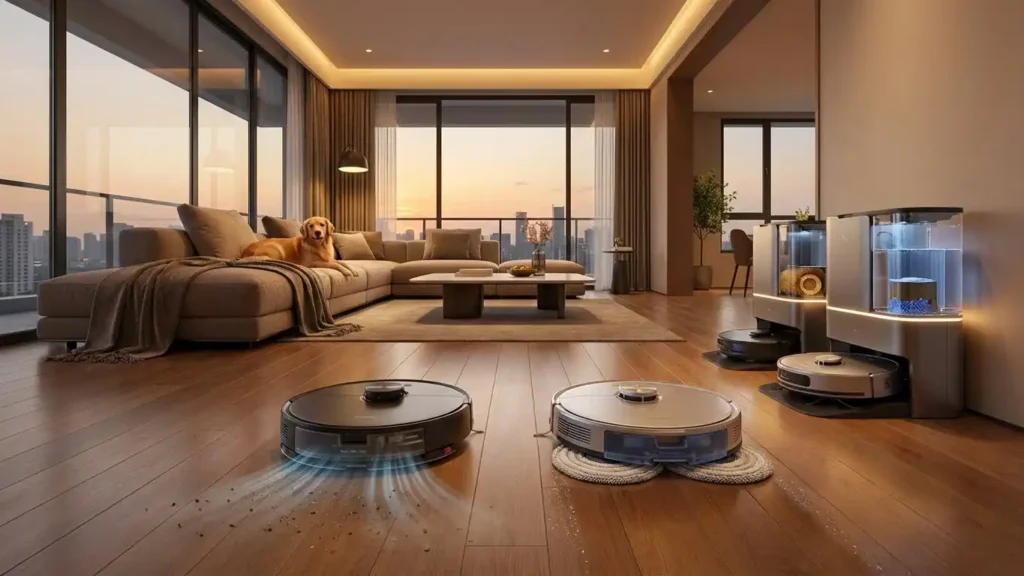 Robot vacuum cleaner comparison 2026 showing hands-free vacuuming and mopping in a modern smart home