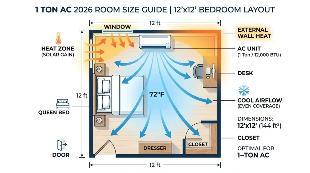 1 ton AC 2026 suitable room size under 150 sq ft