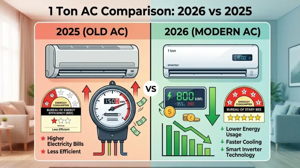 1 ton AC 2026 vs 2025 BEE rating electricity comparison