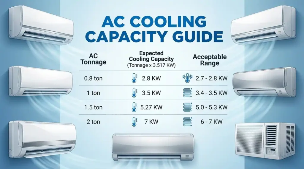 1 ton AC 2026 cooling capacity in kW and BTU explained