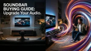 A visual comparison from a soundbar buying guide showing a thin TV emitting weak audio waves next to a TV with a dynamic soundbar emitting massive, immersive, colorful audio waves.