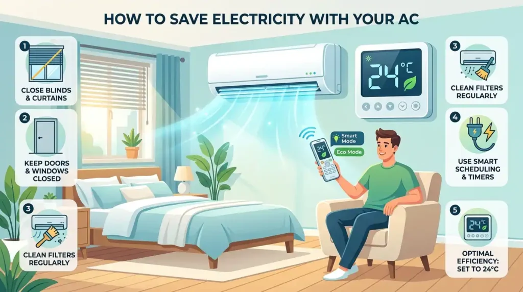 Tips to save electricity while using Air Conditioners including thermostat setting and smart cooling usage.