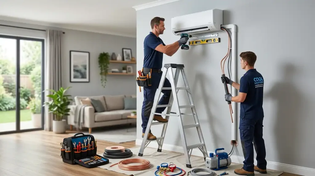 Technician installing modern split Air Conditioners in a home showing professional installation and service process.