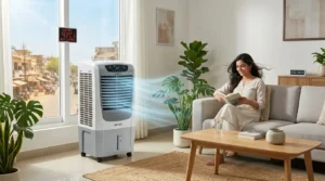 Best Air Cooler 2026 buying guide showing a modern personal air cooler cooling a living room