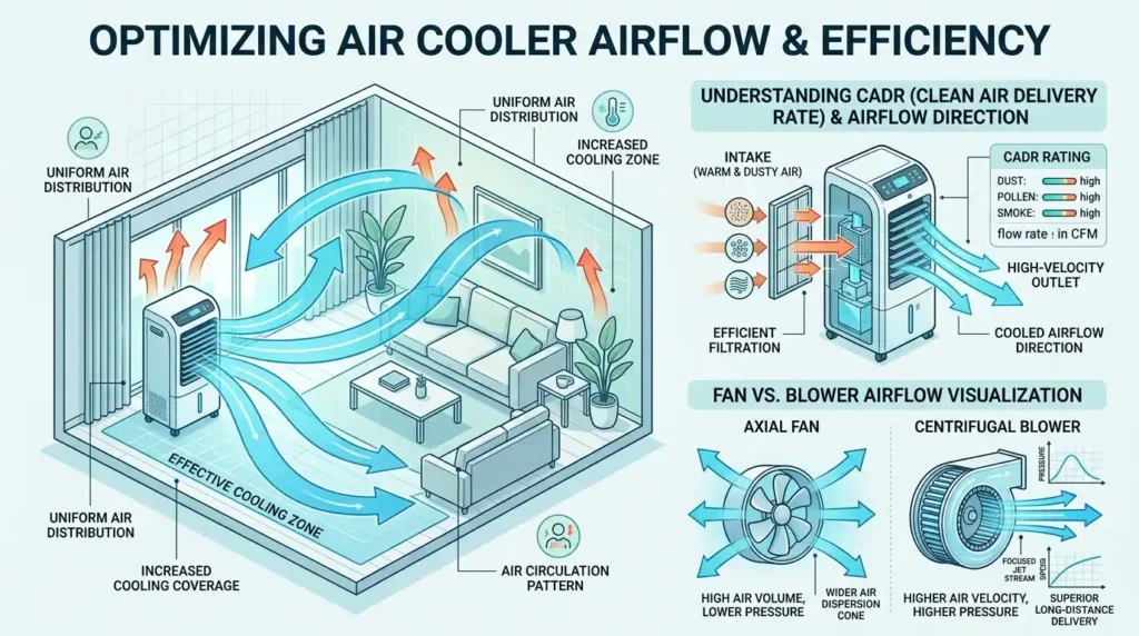 Air Cooler airflow and cooling efficiency explanation with air delivery illustration