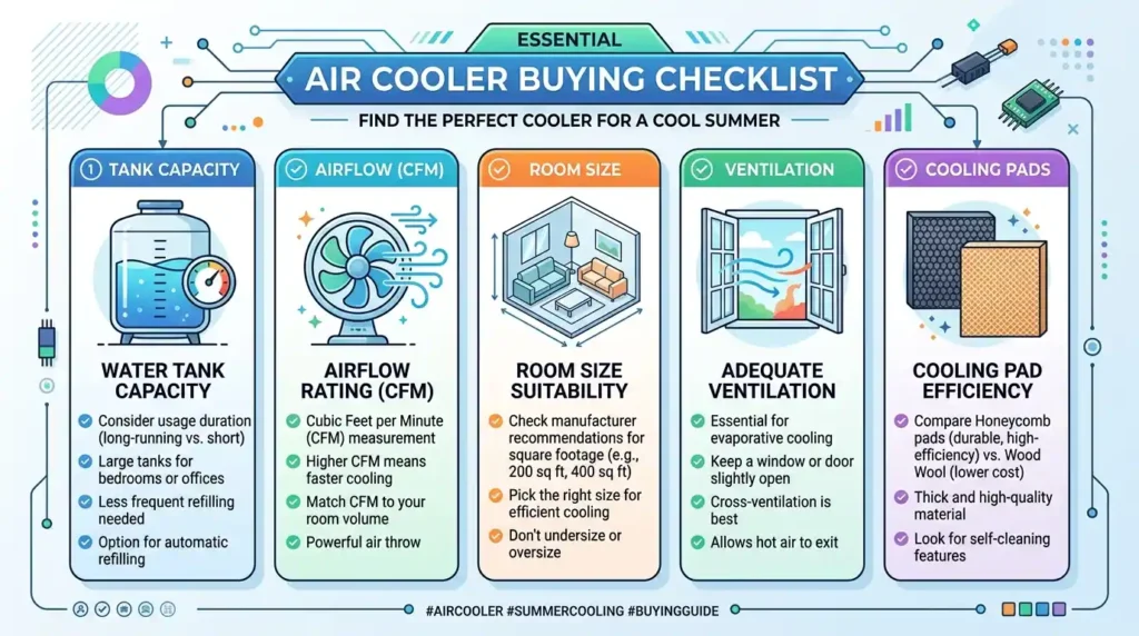 Best Air Cooler buying checklist showing important features before purchasing