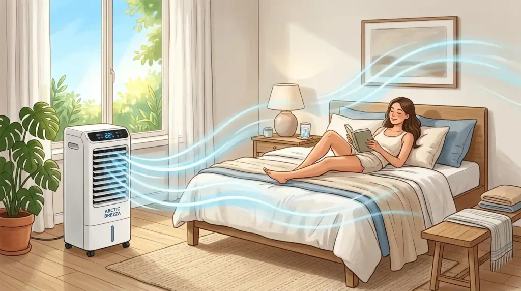 Air Cooler cooling a bedroom space during hot summer weather