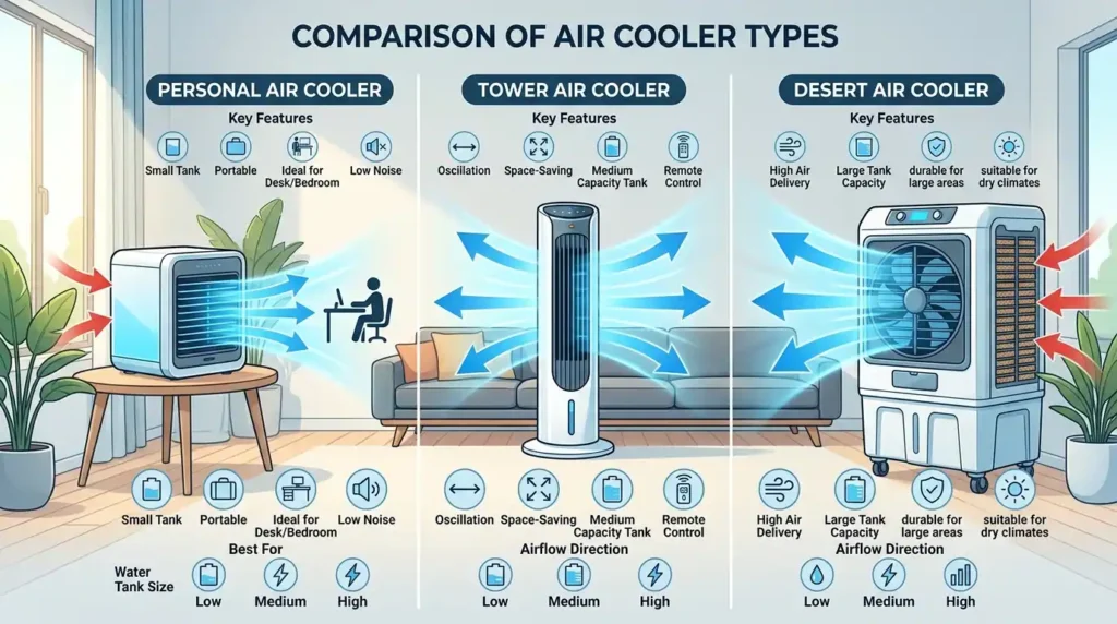 Air Cooler types comparison including personal tower and desert air coolers