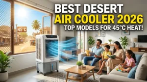 Best Desert Air Cooler 2026 guide showing a powerful desert air cooler cooling a large room during hot summer