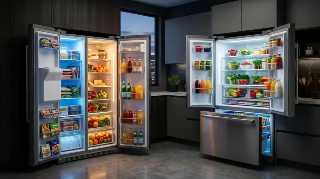 A visual comparison of a Side-by-Side and a French Door style, showcasing the best large refrigerator options for 2026