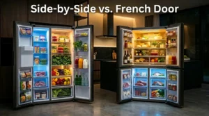 A visual comparison of a Side-by-Side and a French Door style, showcasing the best large refrigerator options for 2026.