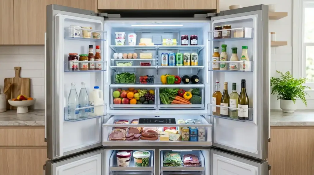 convertible storage inside a modern double door fridge