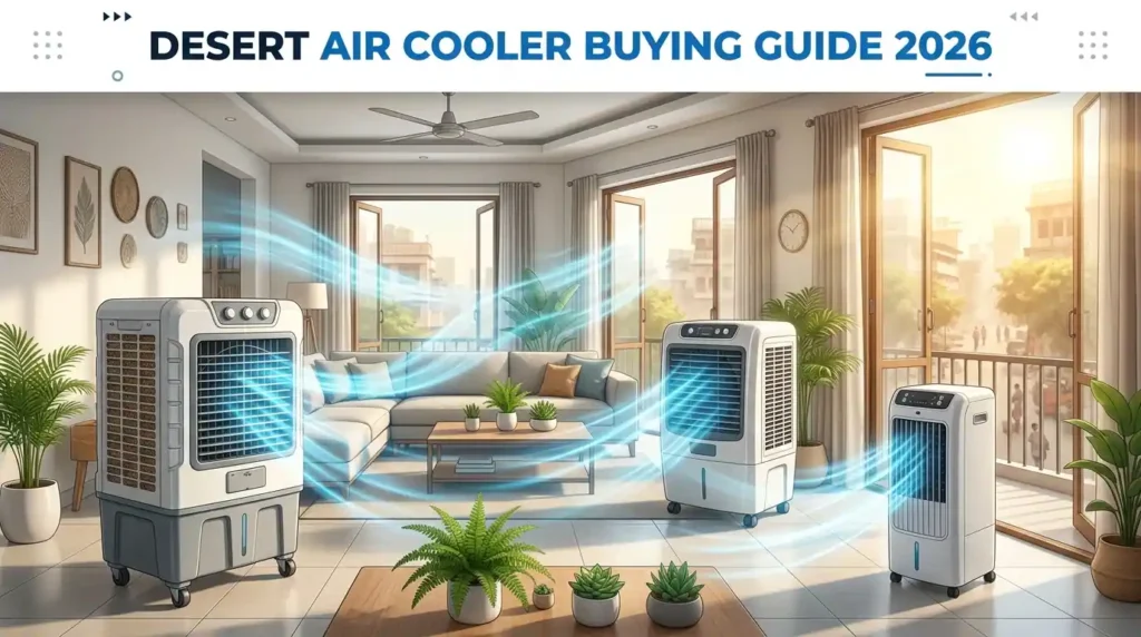 Desert Air Cooler buying guide showing different air cooler sizes cooling a large ventilated room