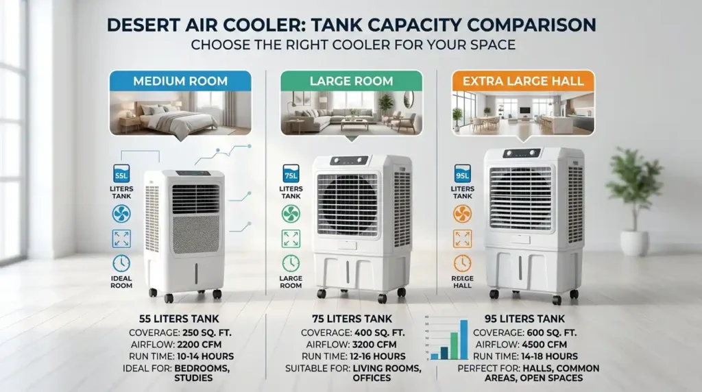Desert Air Cooler capacity comparison showing 55L 75L and 95L models