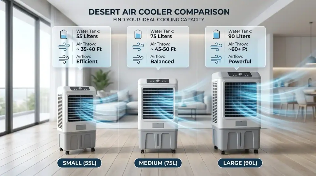 Desert Air Cooler comparison showing different tank capacities and airflow performance