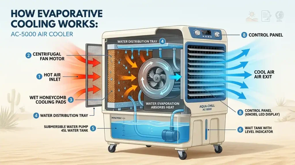 Desert Air Cooler cooling system showing honeycomb pads and airflow technology