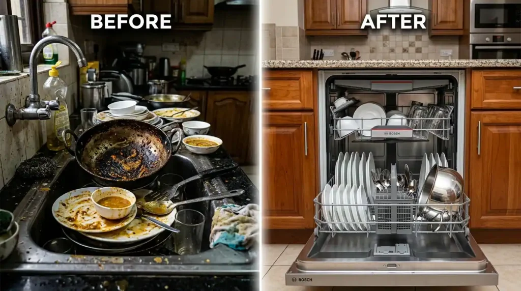 Dishwasher India before and after showing dirty dishes becoming clean inside a dishwasher