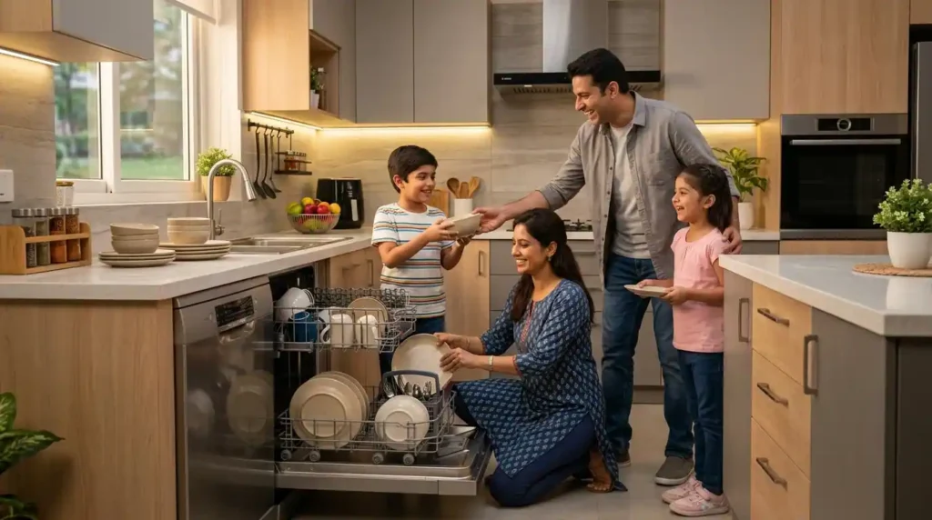 Dishwasher India in a modern Indian kitchen with family loading dishes into the dishwasher